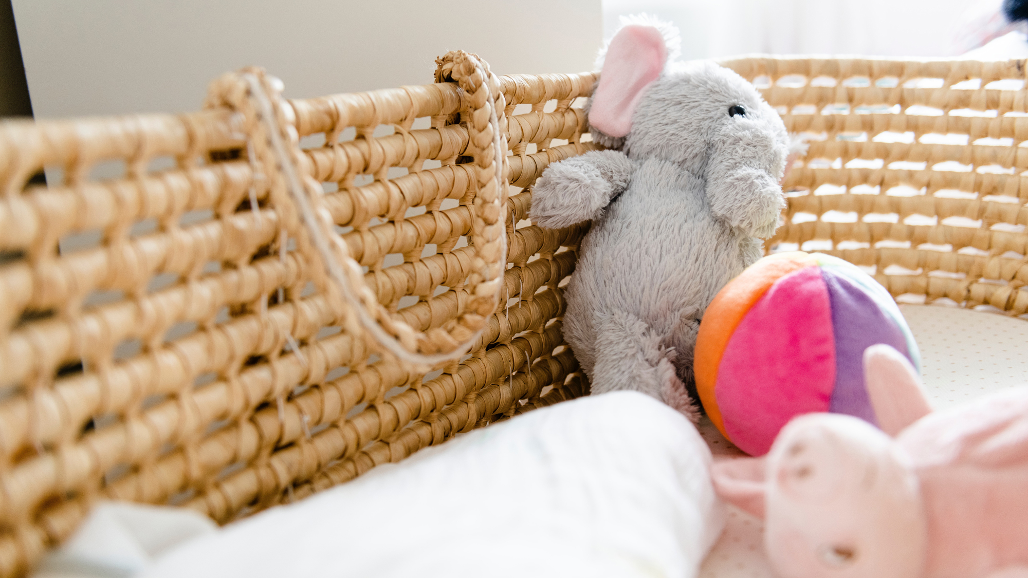 Elephant and ball teddy in wicker basket